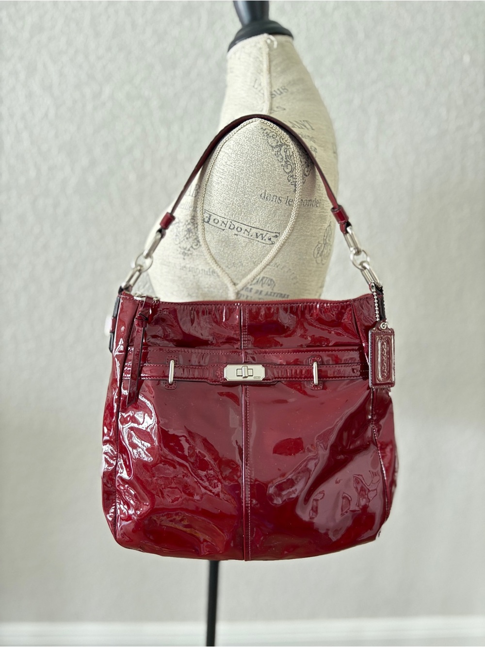 Coach Chelsea F17861 Crimson Red Patent Leather Shoulder Bag Silver Hardware